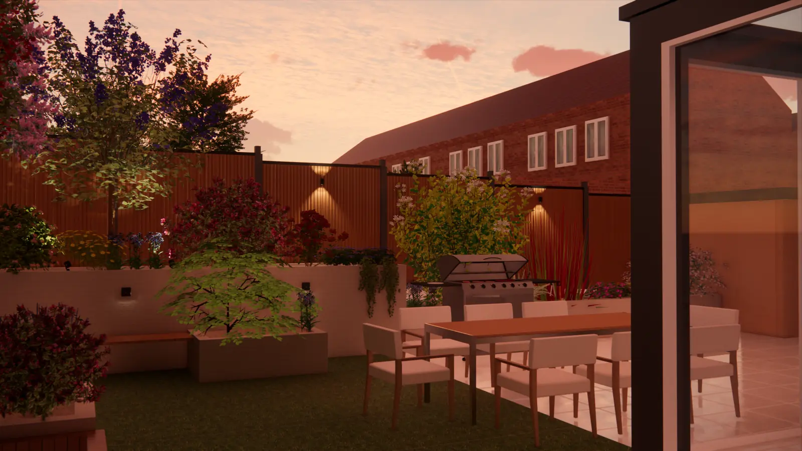 3D-ontwerp bij avond: eettafel op het terras naast de glazen serre