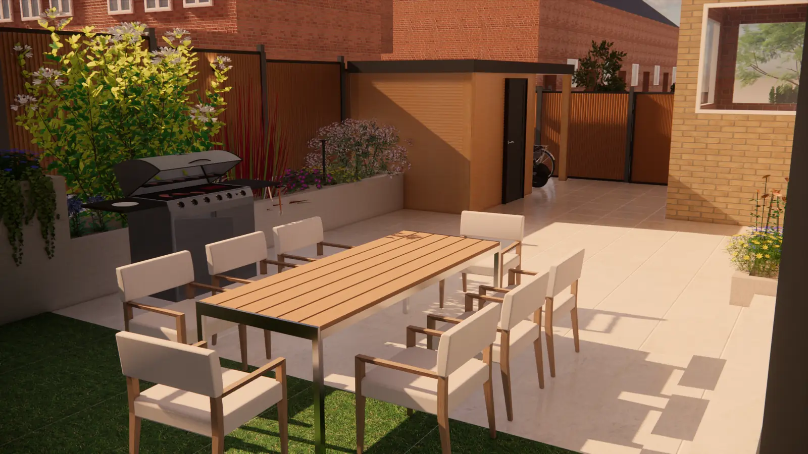 3D-ontwerp van een lange eettafel en buitenkeuken in een tuin in Capelle aan den IJssel