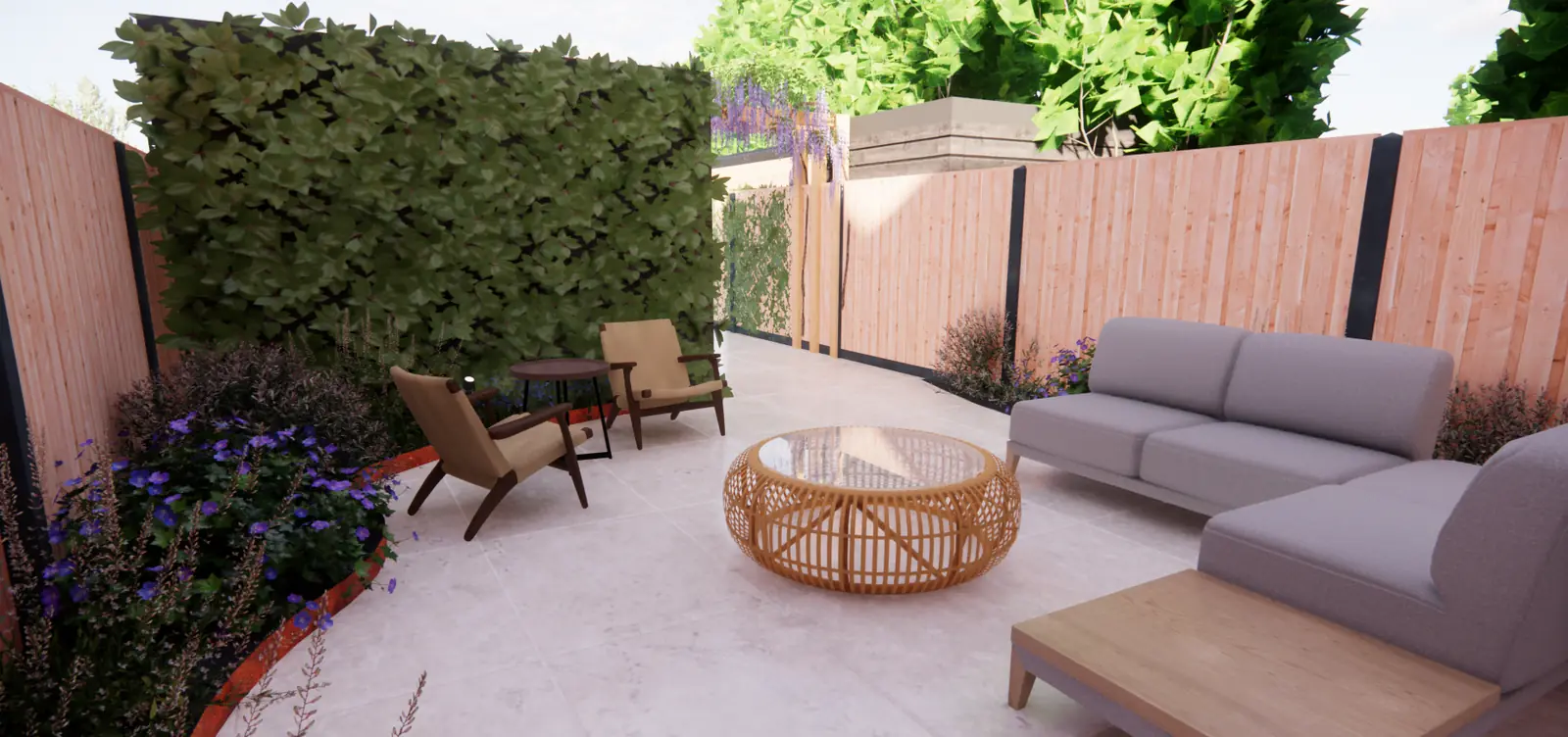 3D-ontwerp van een loungehoek tussen groene wanden van klimop