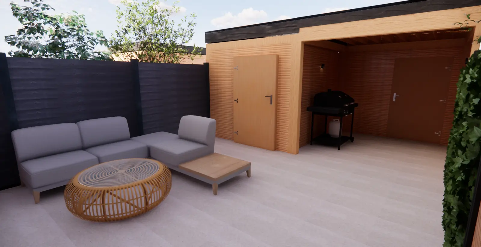 3D-ontwerp van een berging en overkapping onder één dak in een tuin in Delft