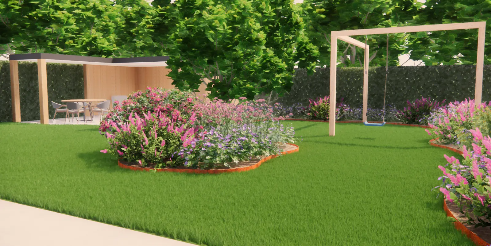 3D-ontwerp van een bloemeneiland in het gazon met een houten schommel in Delft