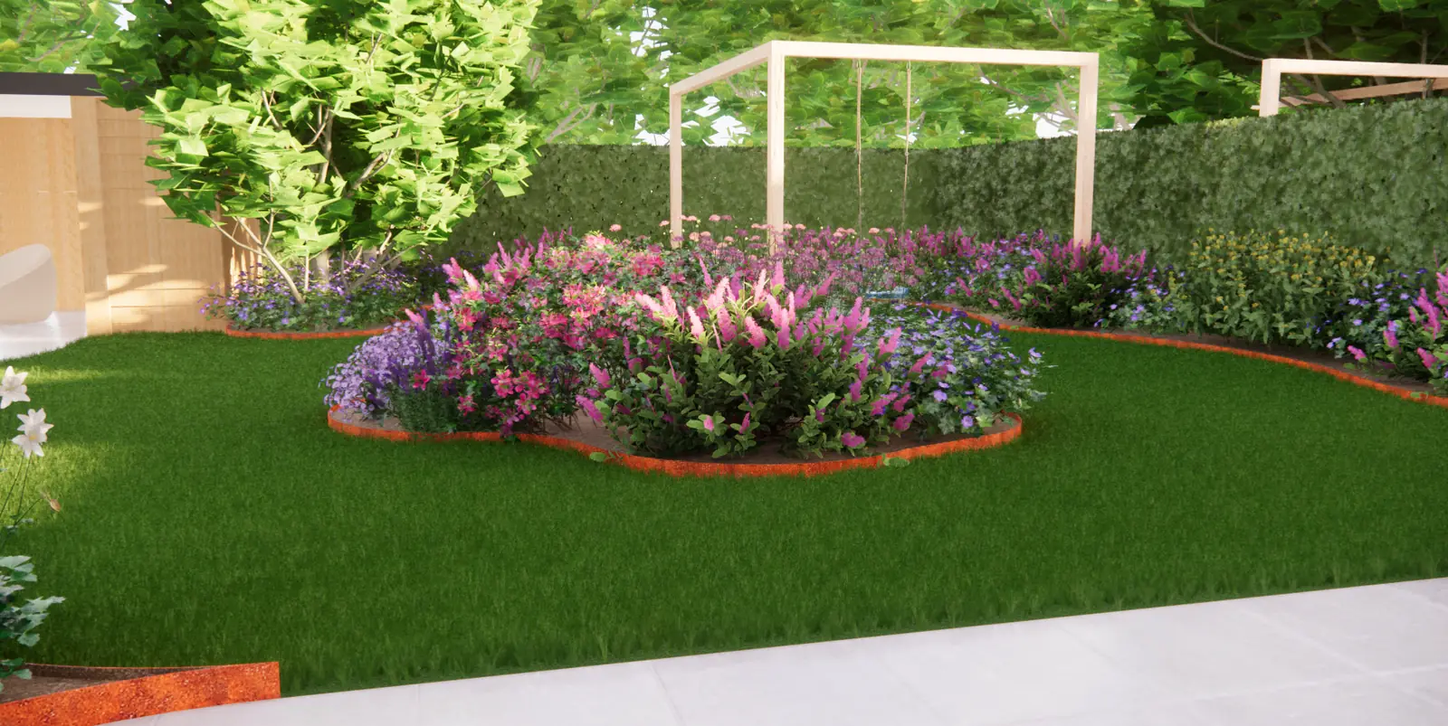 3D-ontwerp van borders met een cortenstalen rand rond een groot gazon