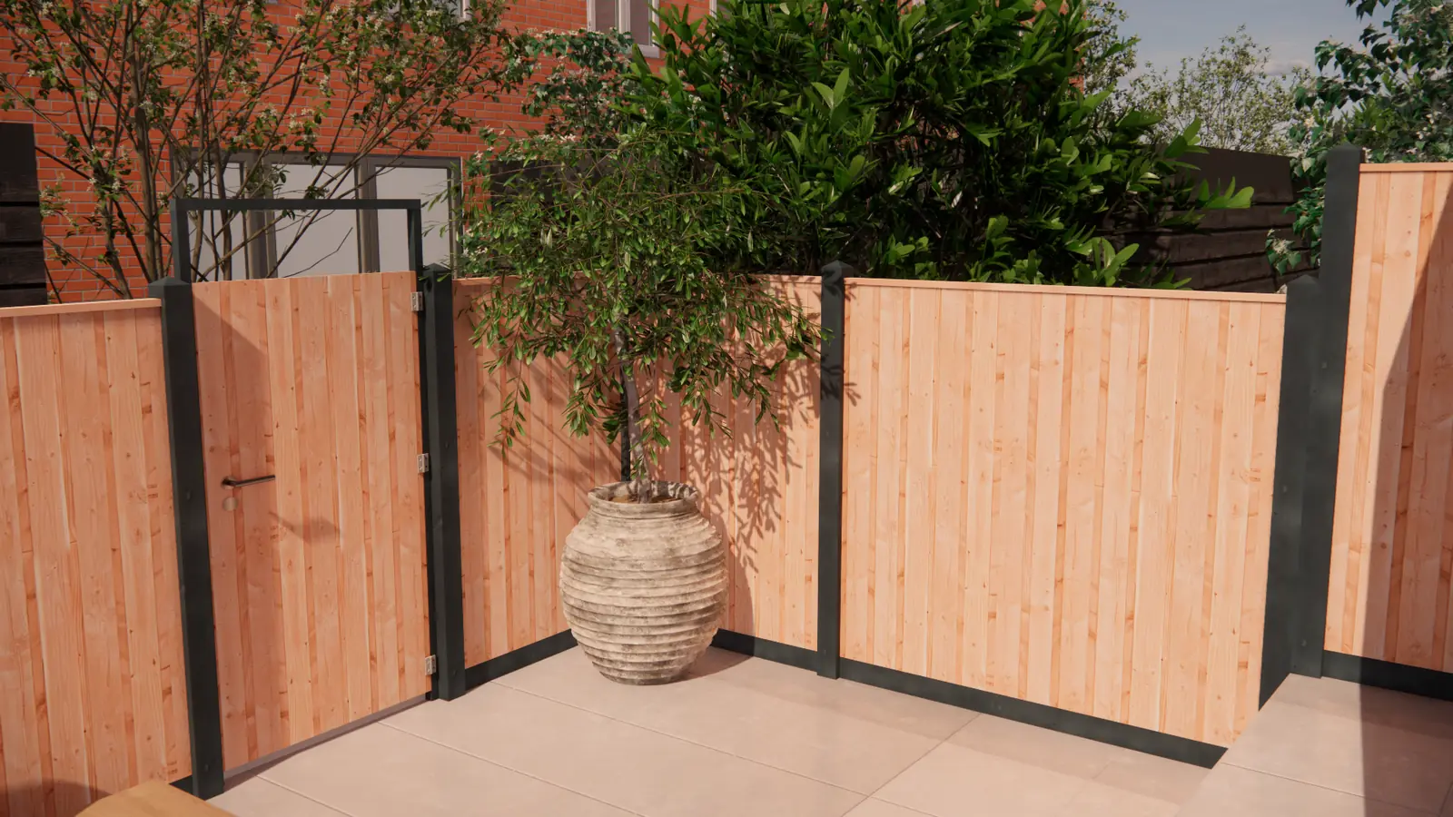 3D-ontwerp van een houten poort met een boom in een grote pot
