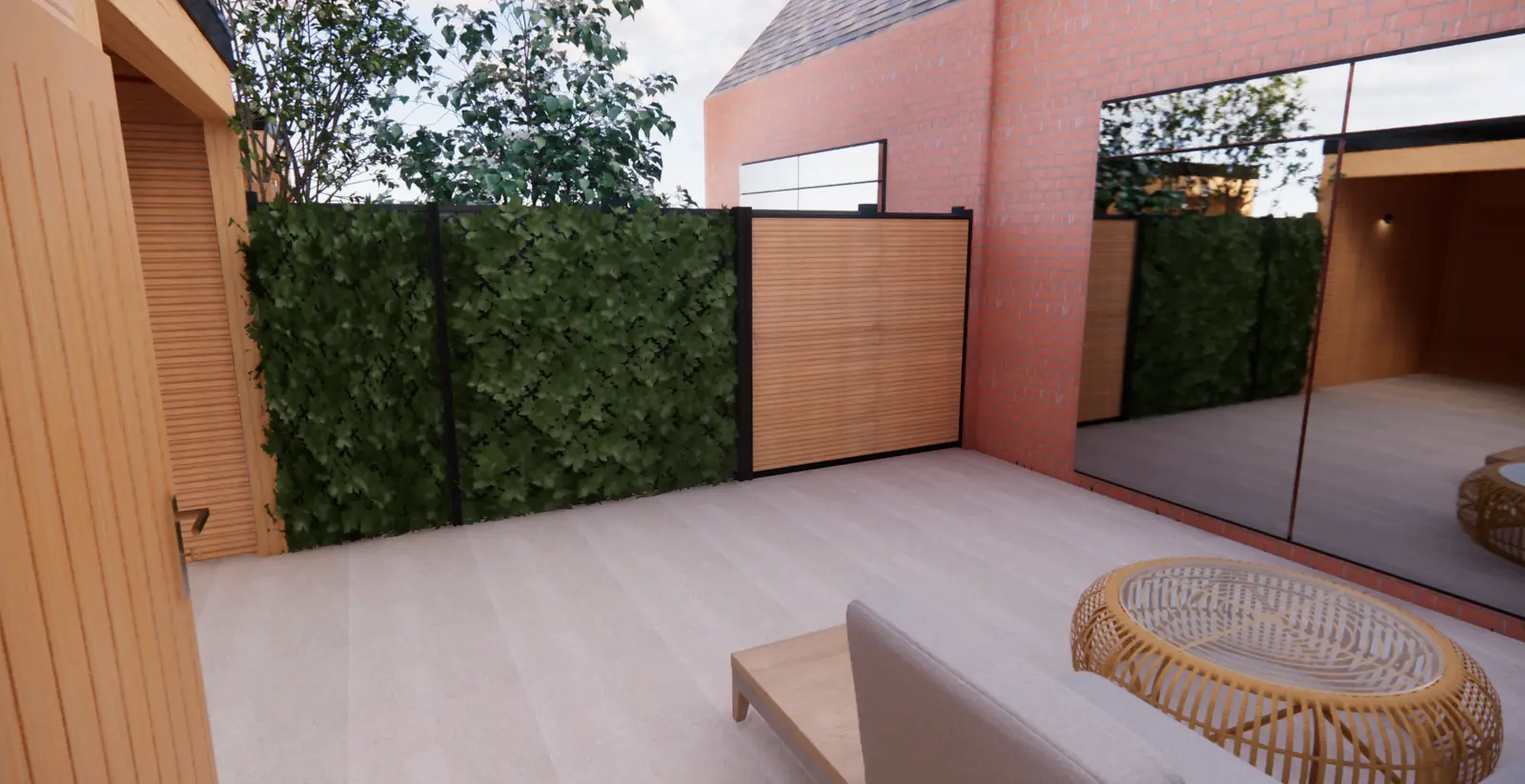 3D-ontwerp van klimopschermen en een houten poort langs het terras