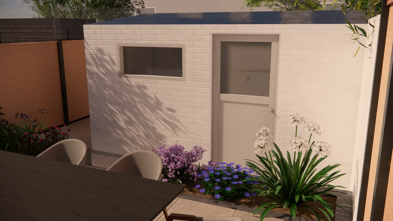 3D-ontwerp van een lichte gemetselde berging met agapanthus ervoor