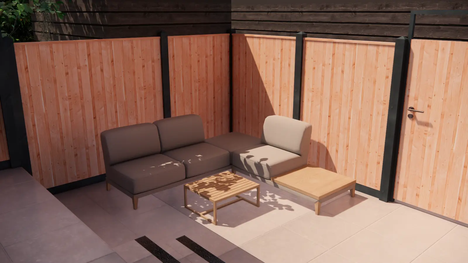 3D-ontwerp van een loungebank in de hoek tussen douglas schermen in Delft