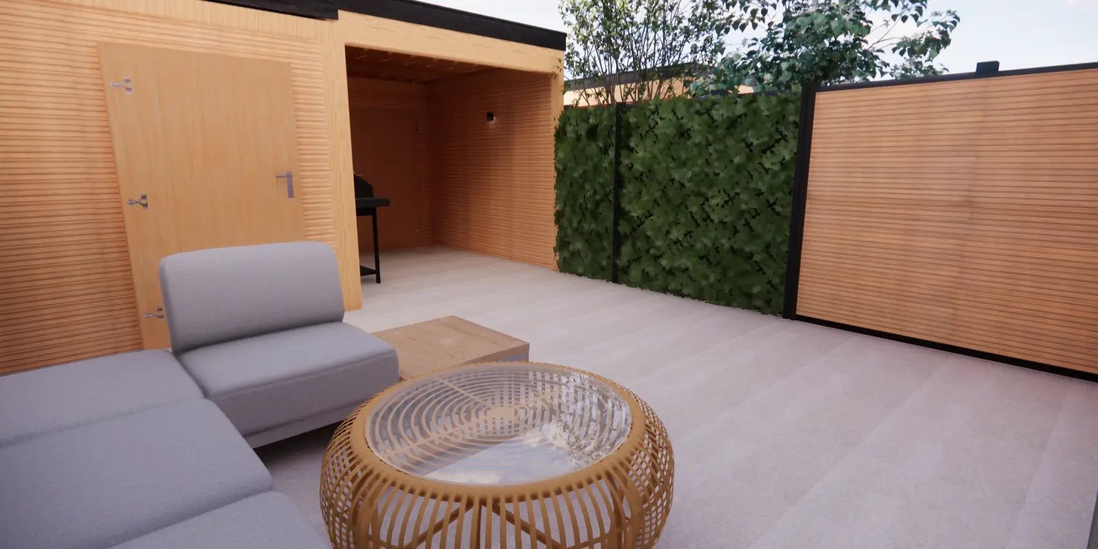 3D-ontwerp van de loungeset voor de overkapping, met een klimopscherm ernaast