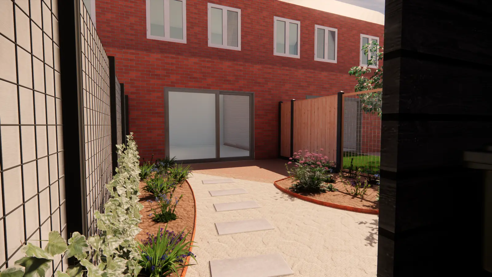 3D-ontwerp van het pad vanaf de berging terug naar de woning