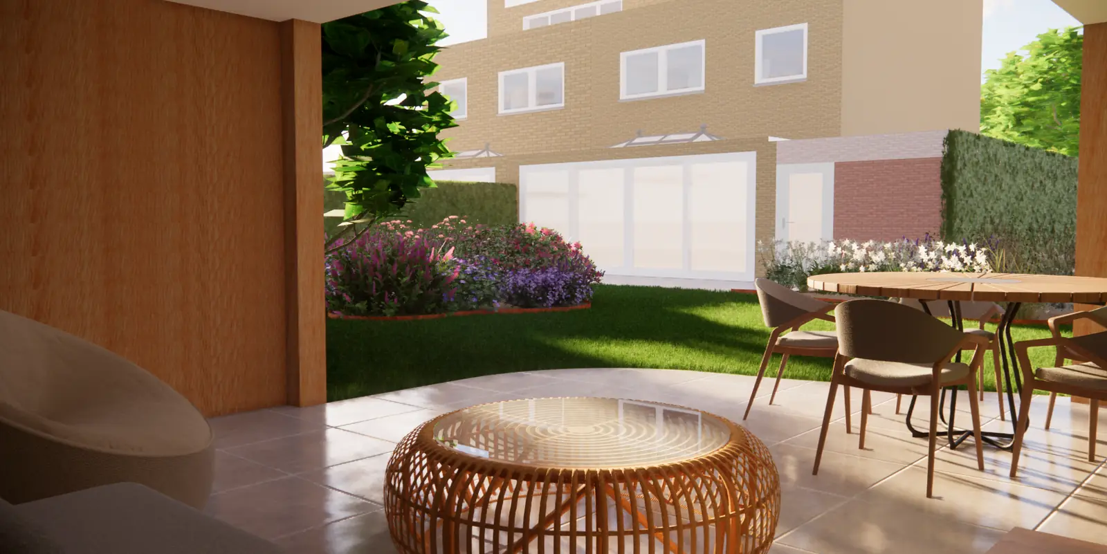 3D-ontwerp van het zicht vanuit de overkapping op het gazon en de woning