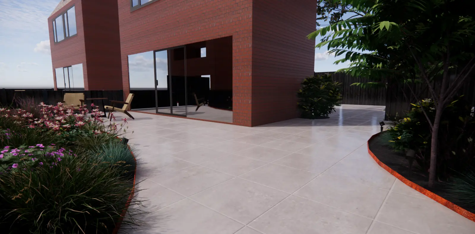 3D-ontwerp van de borders met cortenstalen rand langs het terras