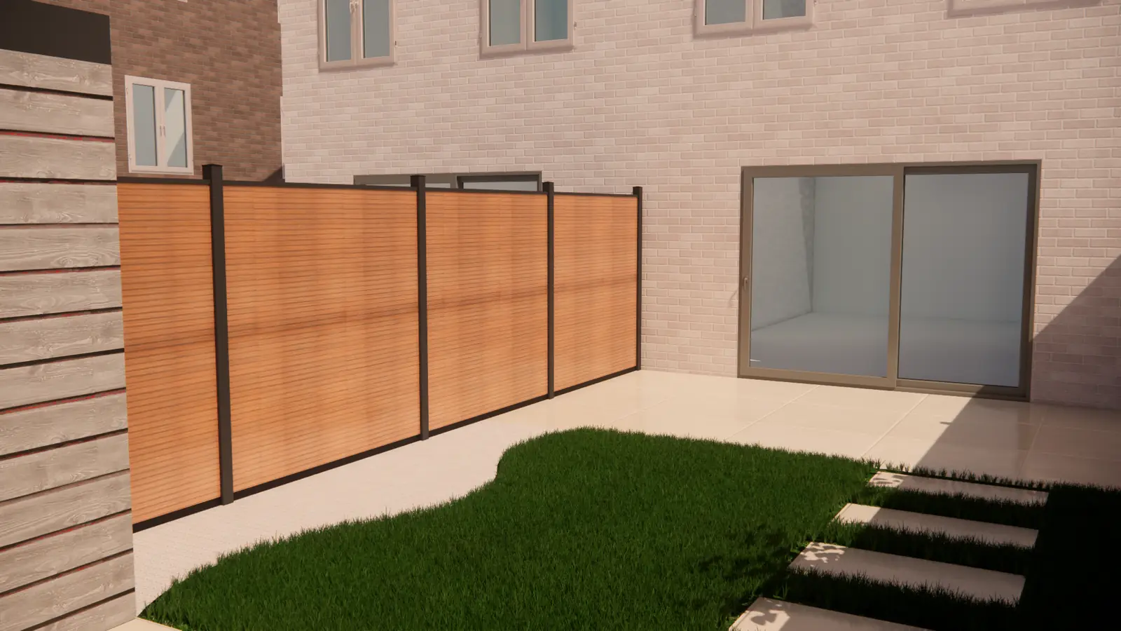3D-ontwerp van een gebogen gazonrand voor het terras aan de achtergevel