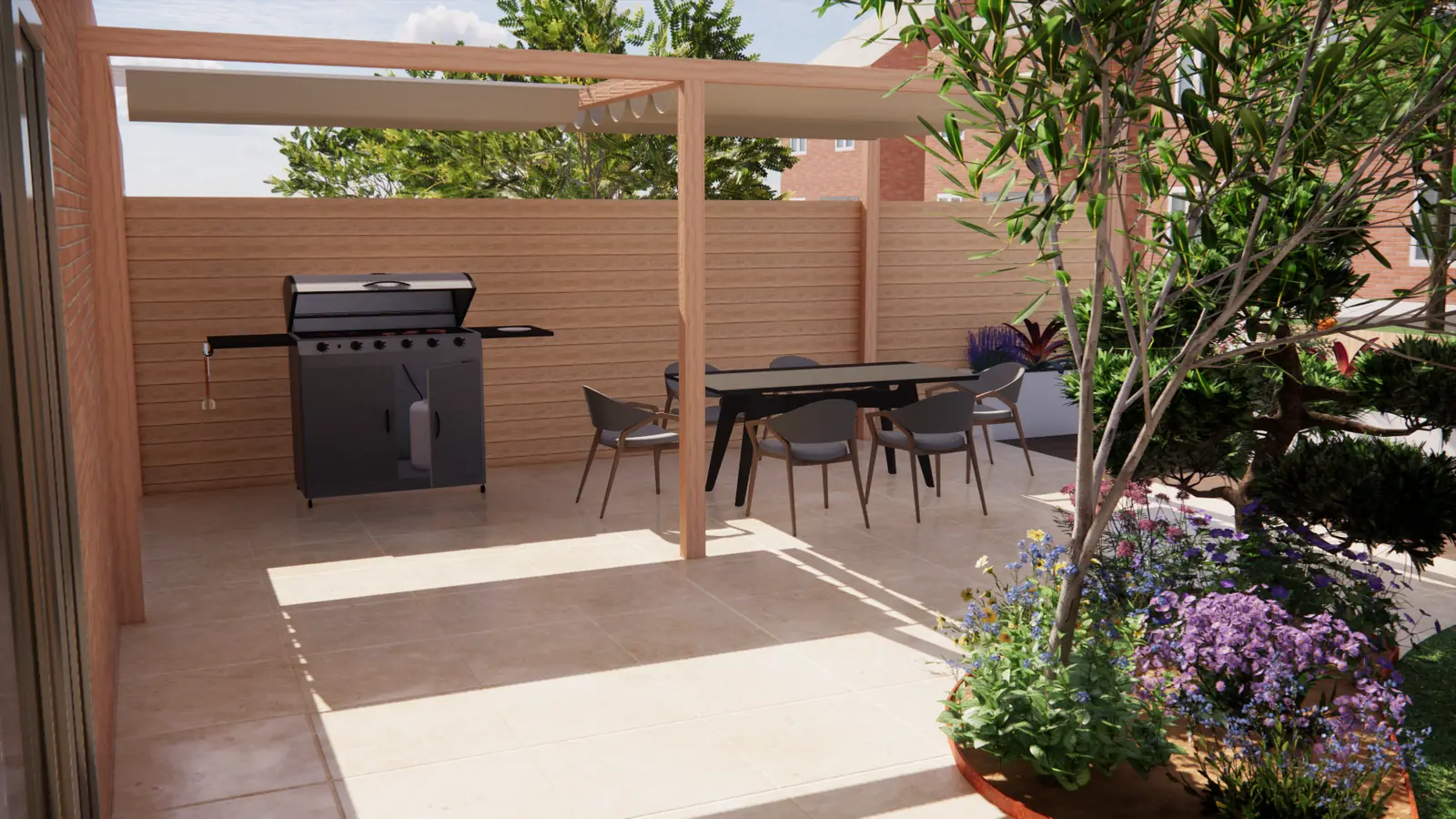 3D-ontwerp van een houten pergola met schuifdoek boven de eettafel