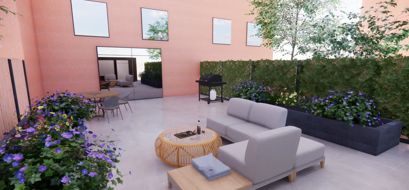 3D-ontwerp van een loungehoek naast verhoogde bakken met hortensia's in Den Haag