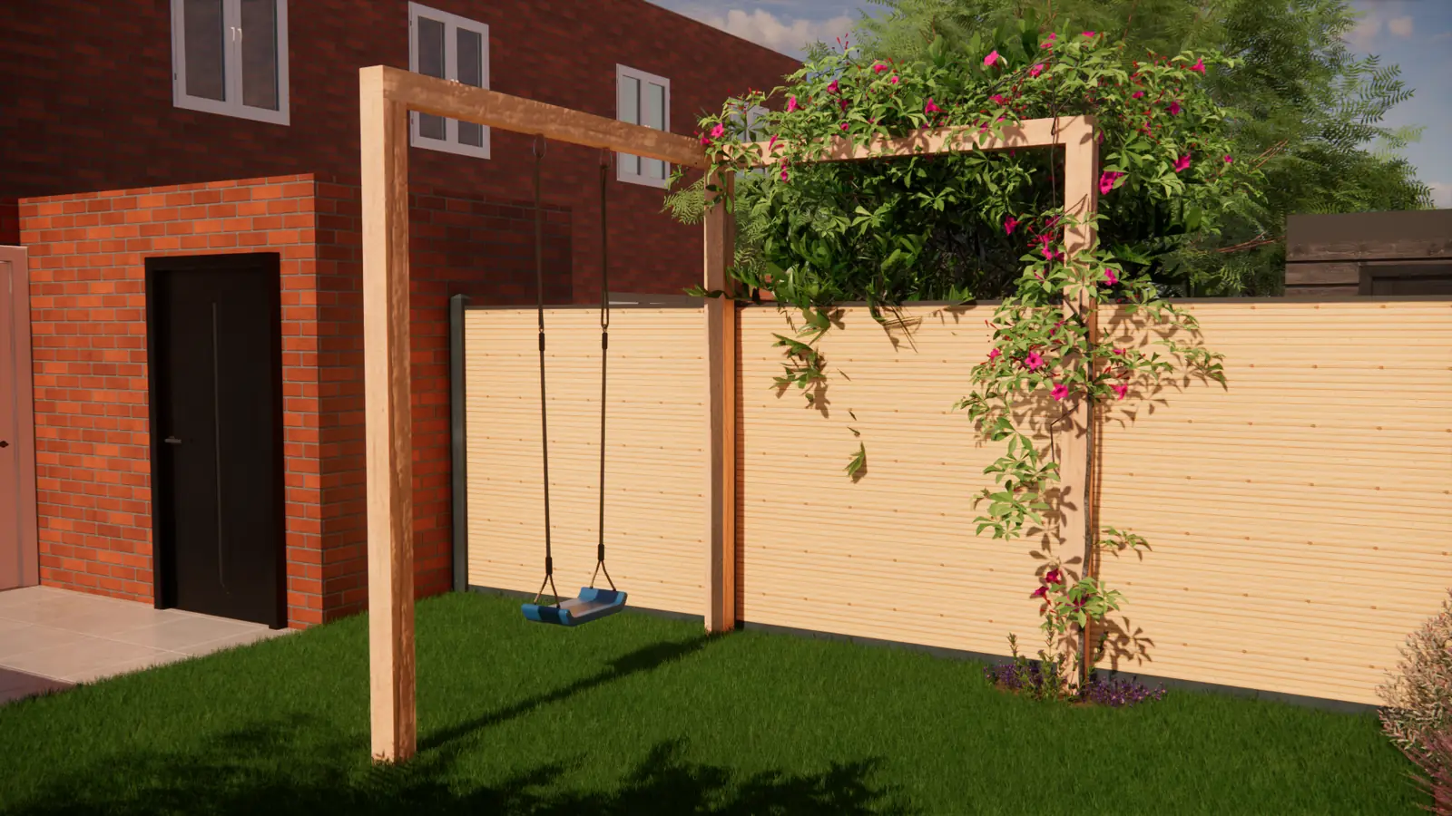 3D-ontwerp van de schommel met klimroos voor de schutting en de berging