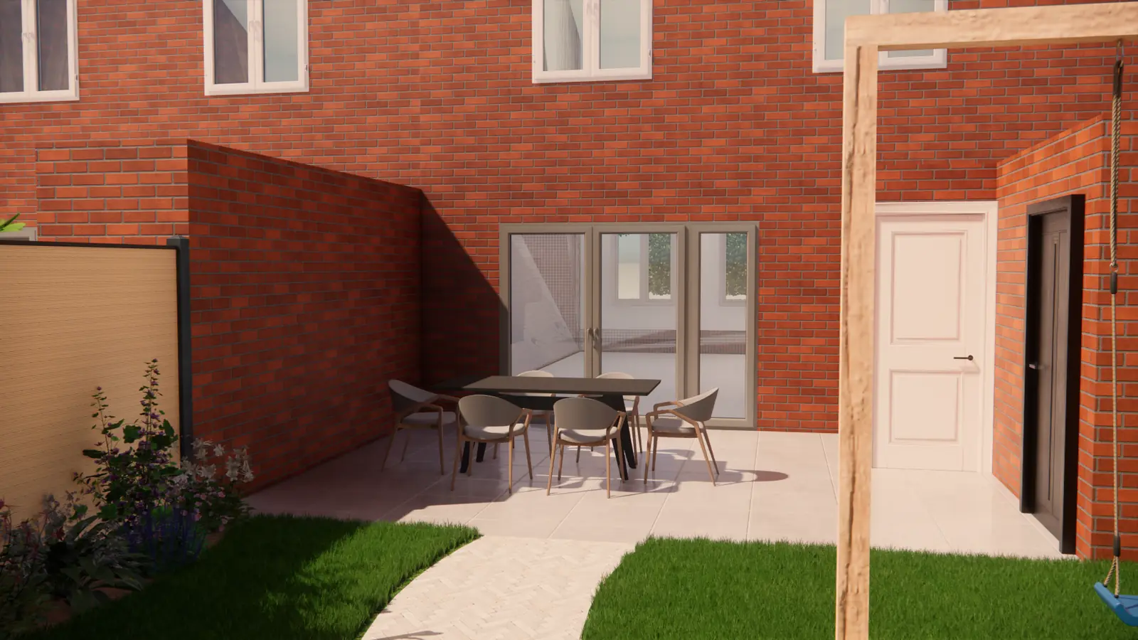 3D-ontwerp van het terras met eettafel aan de gevel, gezien vanaf de schommel