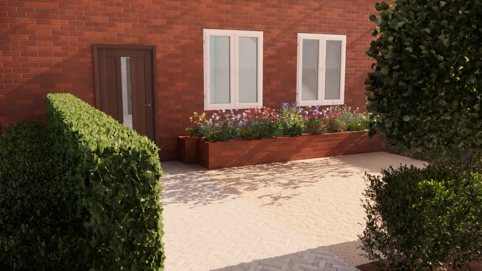 3D-ontwerp van de voortuin met een lage gemetselde plantenbak onder de ramen