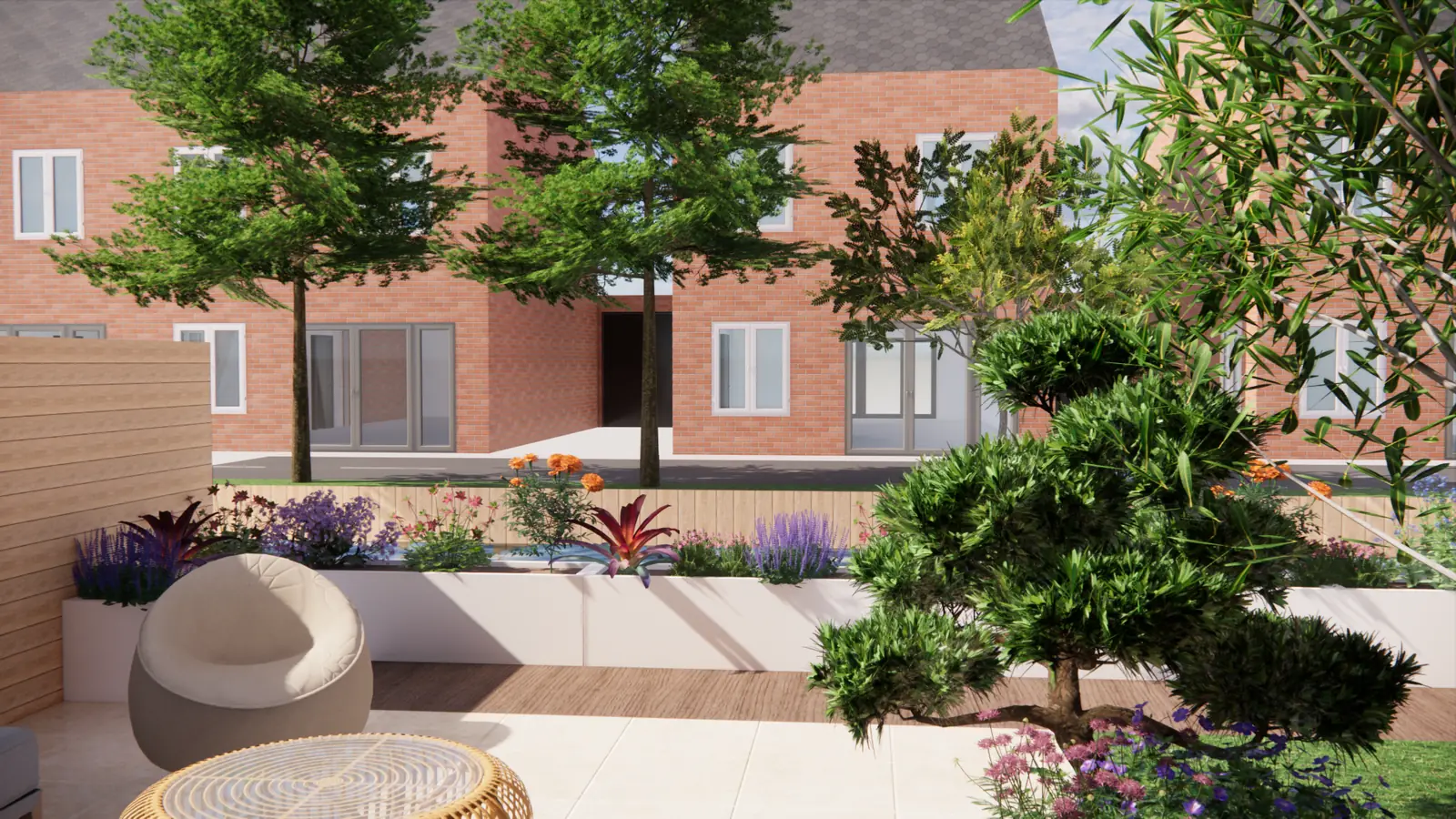 3D-ontwerp van witte plantenbakken langs de waterkant achter de wolkenboom