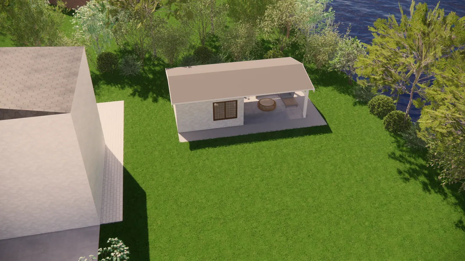 3D-ontwerp van bovenaf: woning, gazon en tuinhuis aan het water