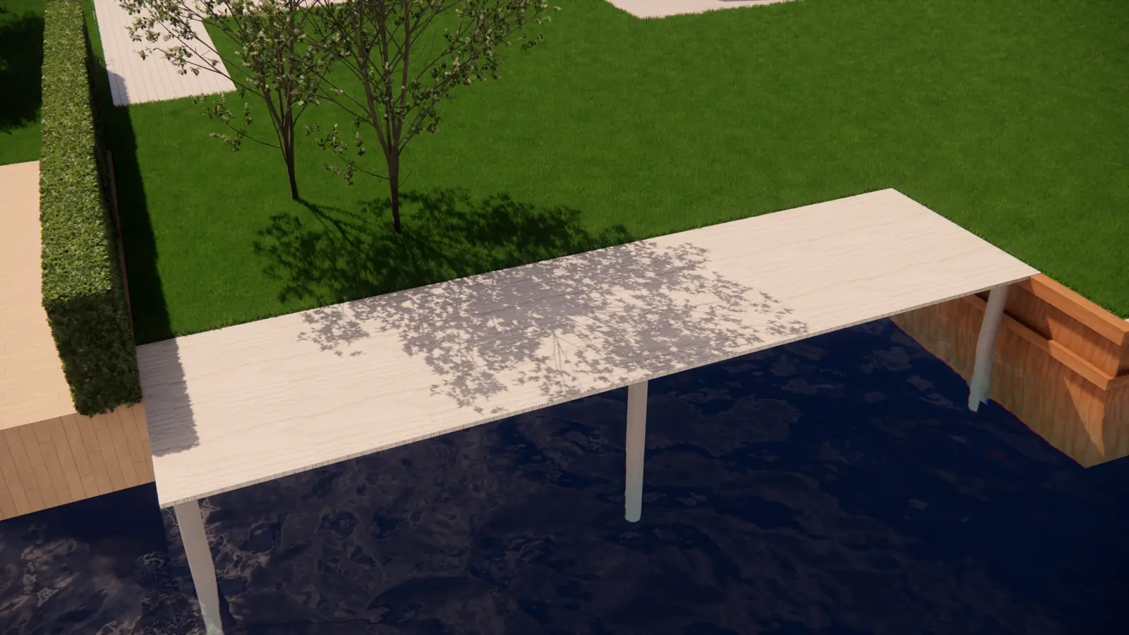 3D-ontwerp van een steiger over het water naast een nieuwe damwand