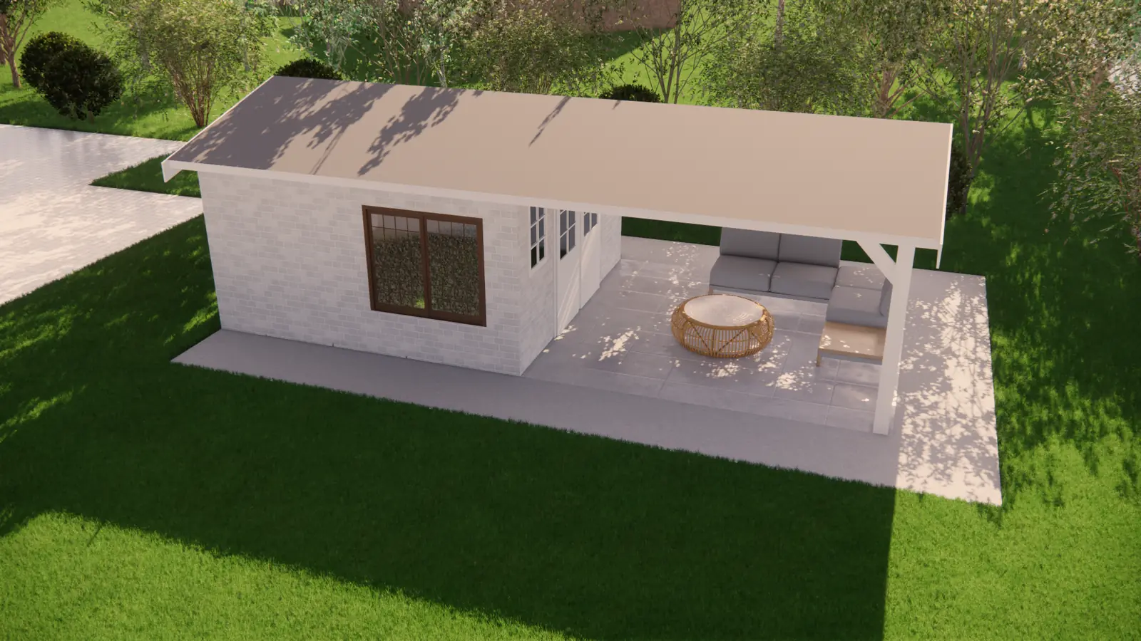 3D-ontwerp van een tuinhuis met open overkapping in een gazon in Leidschendam
