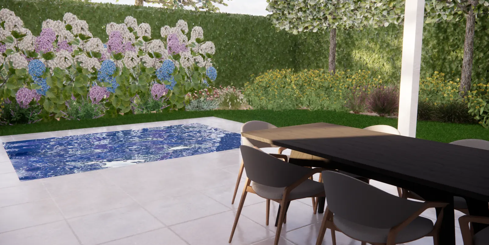 3D-ontwerp van de eettafel bij het zwembad, met hortensia's en een hoge haag