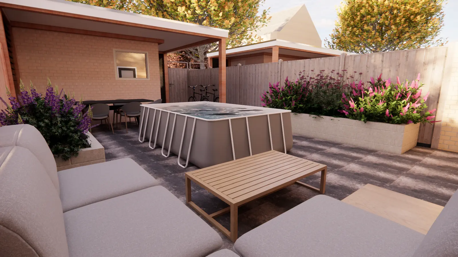 3D-ontwerp van de loungeset voor de spa, met de overkapping erachter