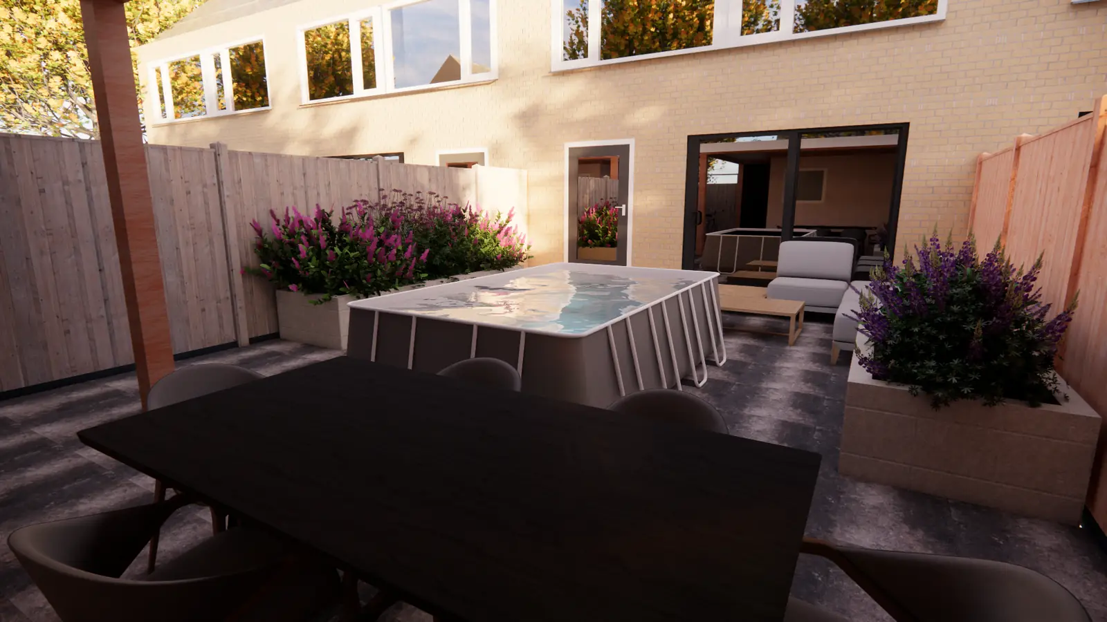 3D-ontwerp van een spa tussen verhoogde betonnen bakken in een tuin in Nootdorp