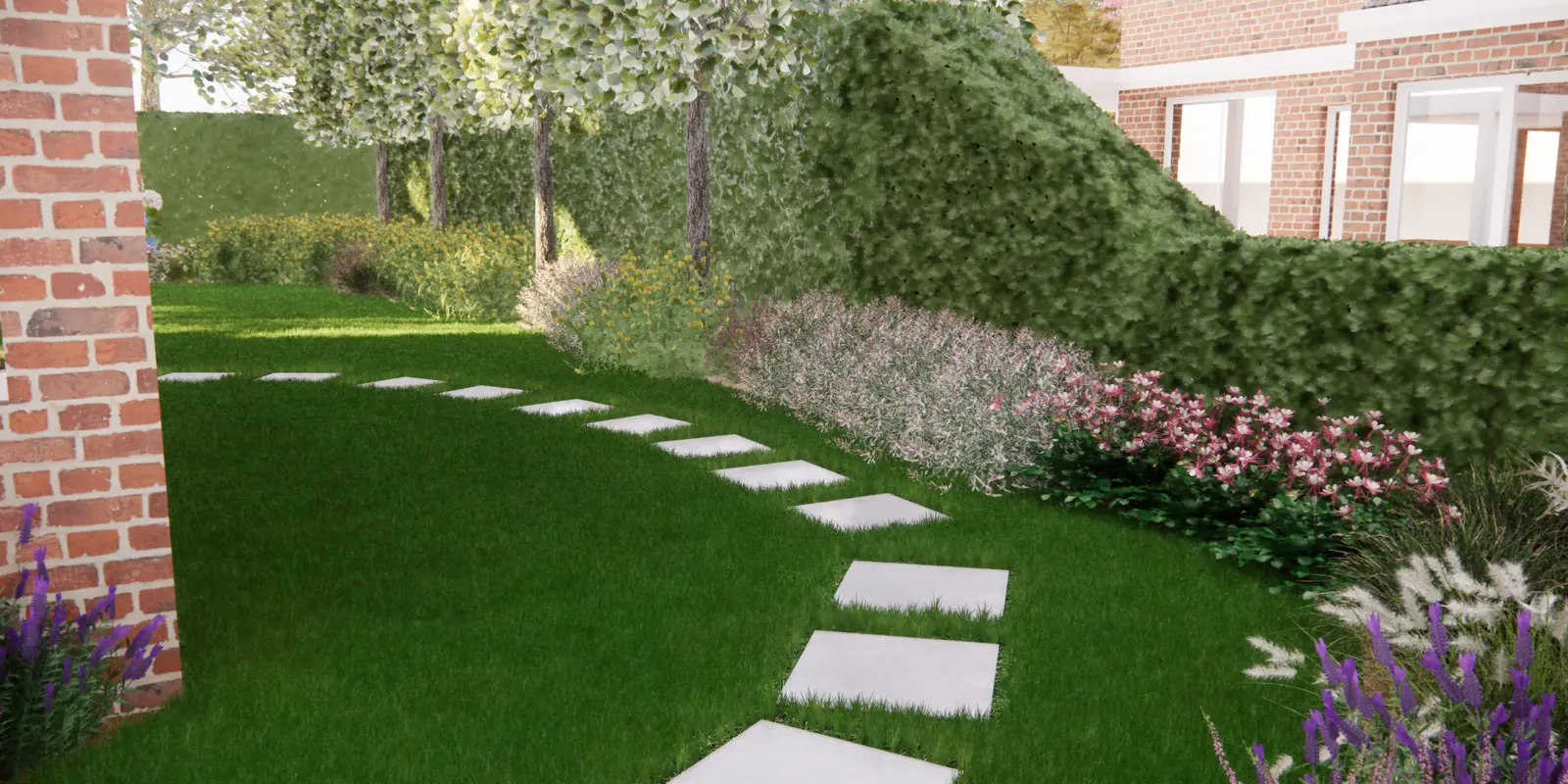 3D-ontwerp van staptegels in een boog door het gras langs de borders