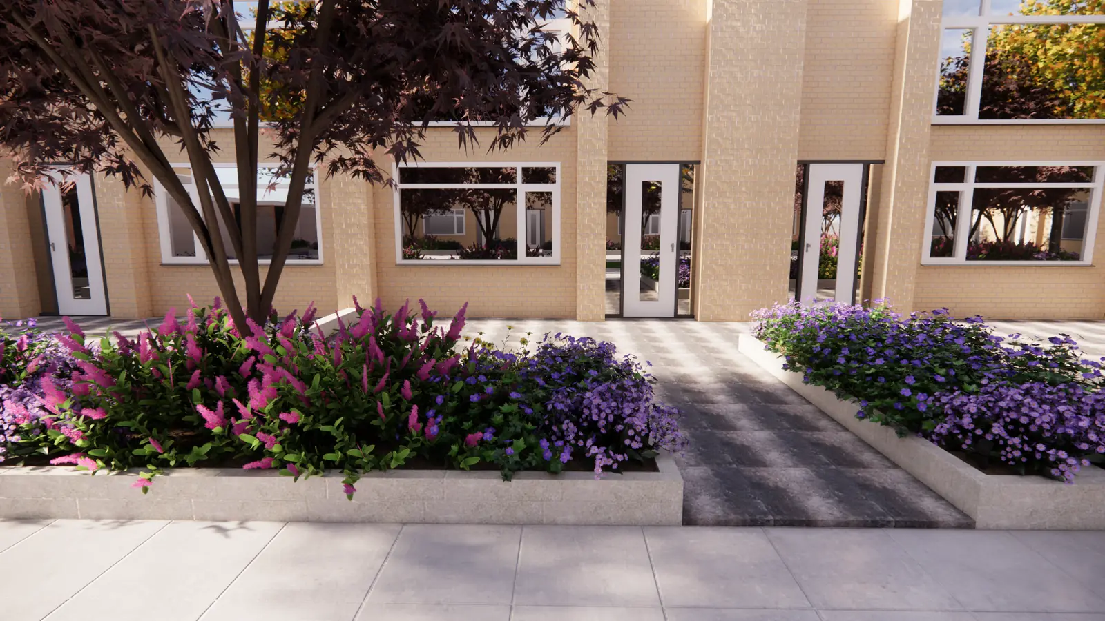 3D-ontwerp van de voortuin met lichte bakken en een roodbladige boom