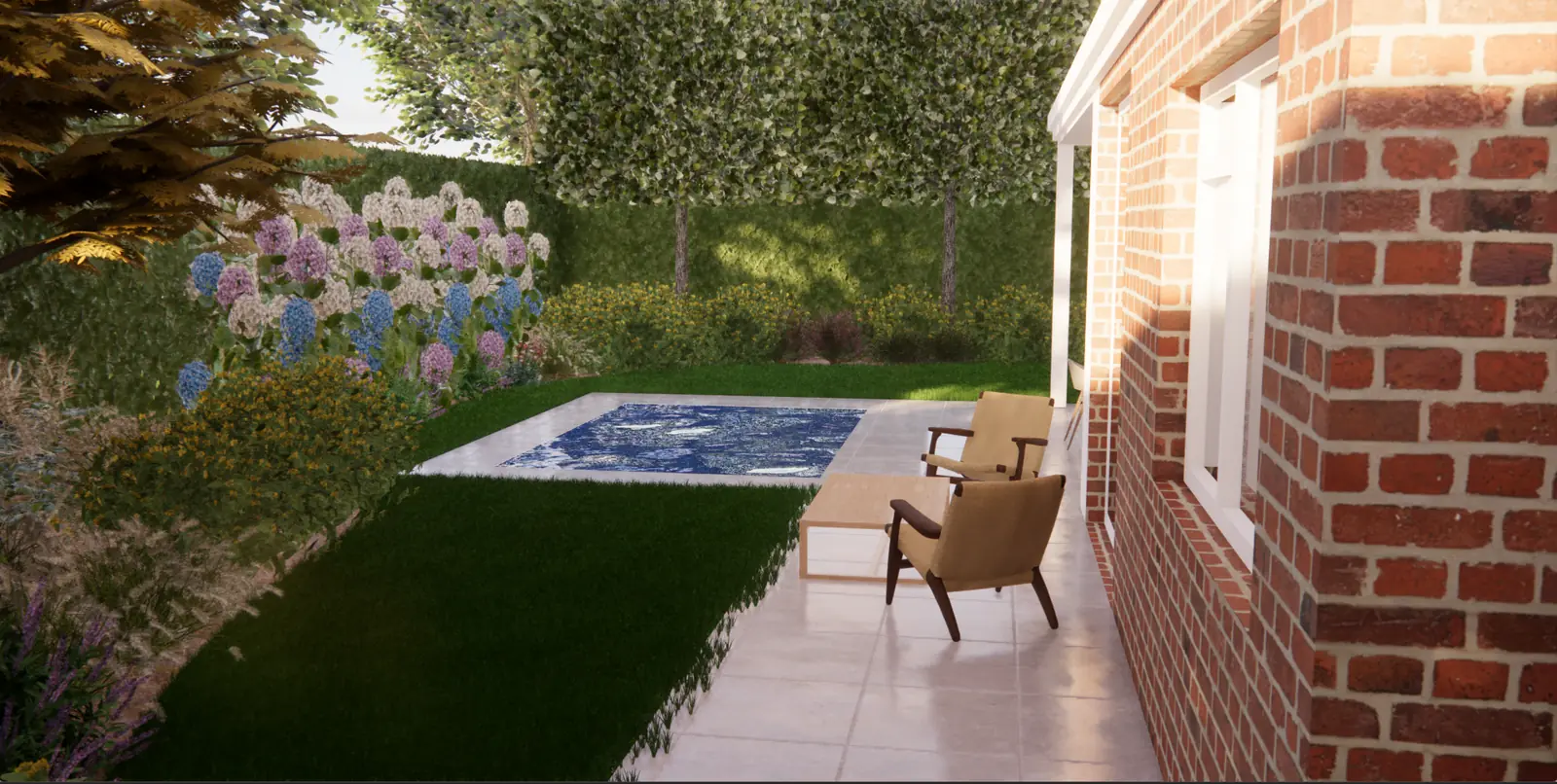 3D-ontwerp van een zwembad naast het terras in een tuin in Nootdorp