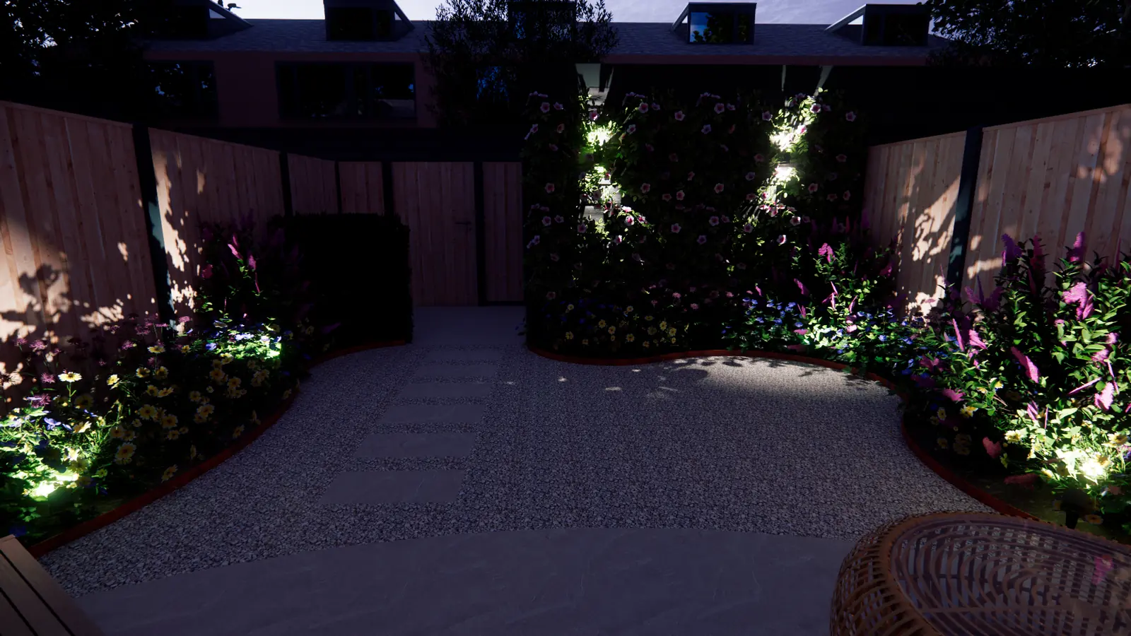 3D-ontwerp bij avond: verlichte borders en een groene wand tegen de berging