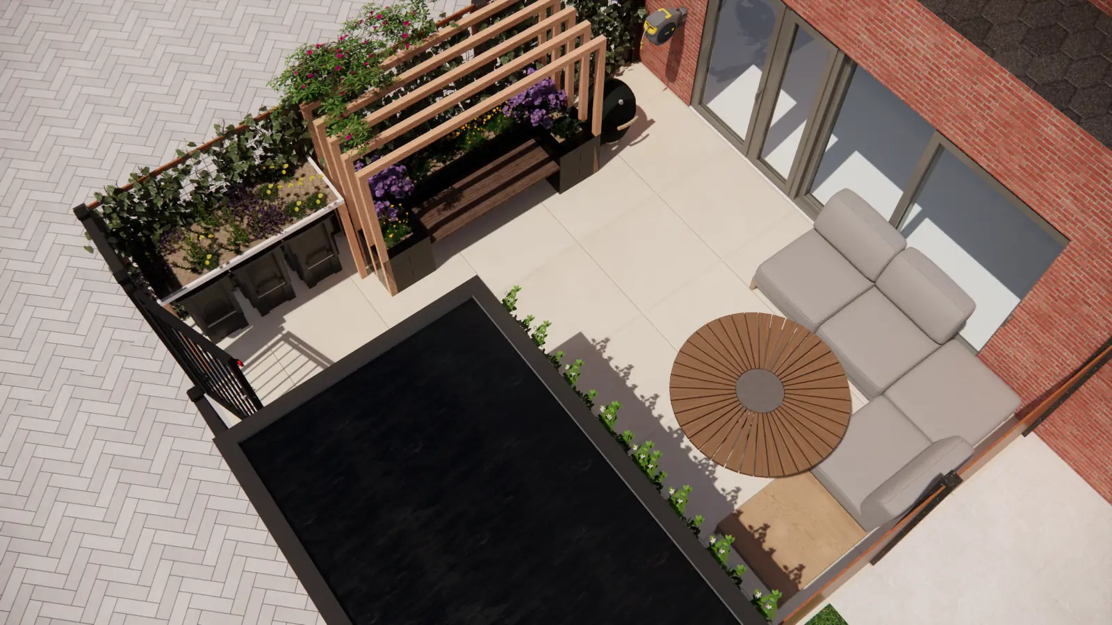 3D-ontwerp van bovenaf: terras met zitbank, plantenbakken en spijlenhek