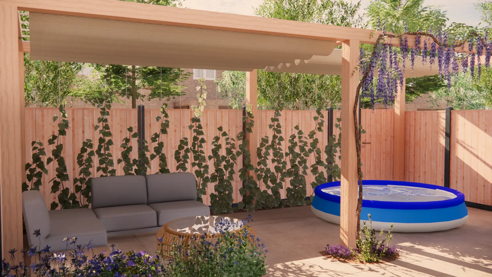 3D-ontwerp van een douglas pergola met schuifdoek boven een loungeset in Pijnacker