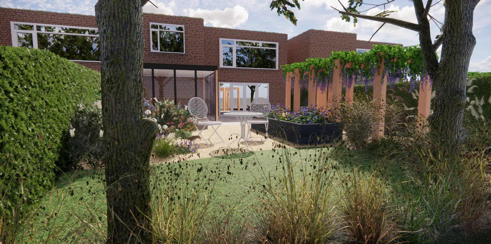 3D-ontwerp van een gazon tussen oude bomen, met een terras en zwarte plantenbakken