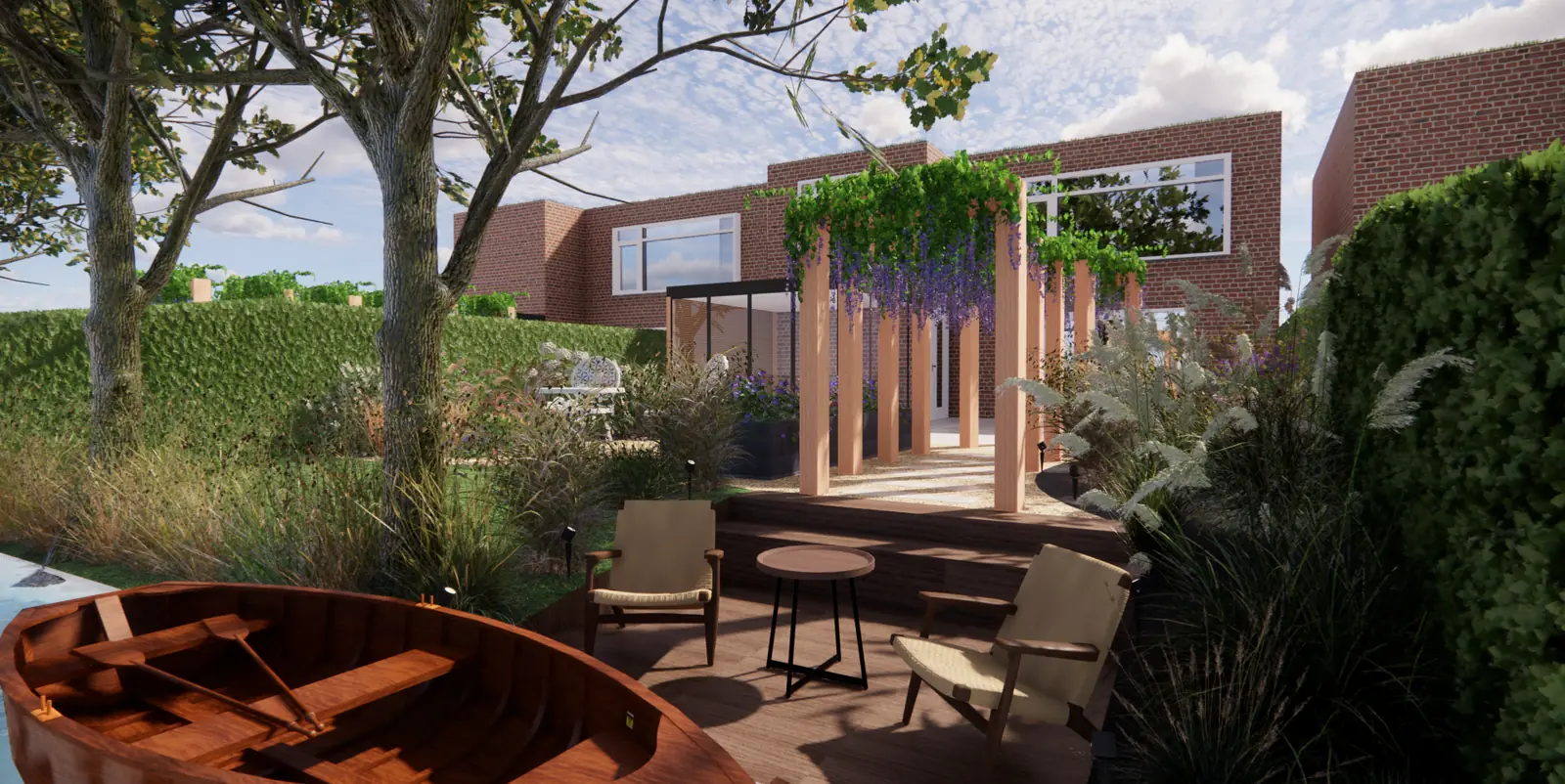 3D-ontwerp van een houten terras aan het water met een pergola van blauwe regen