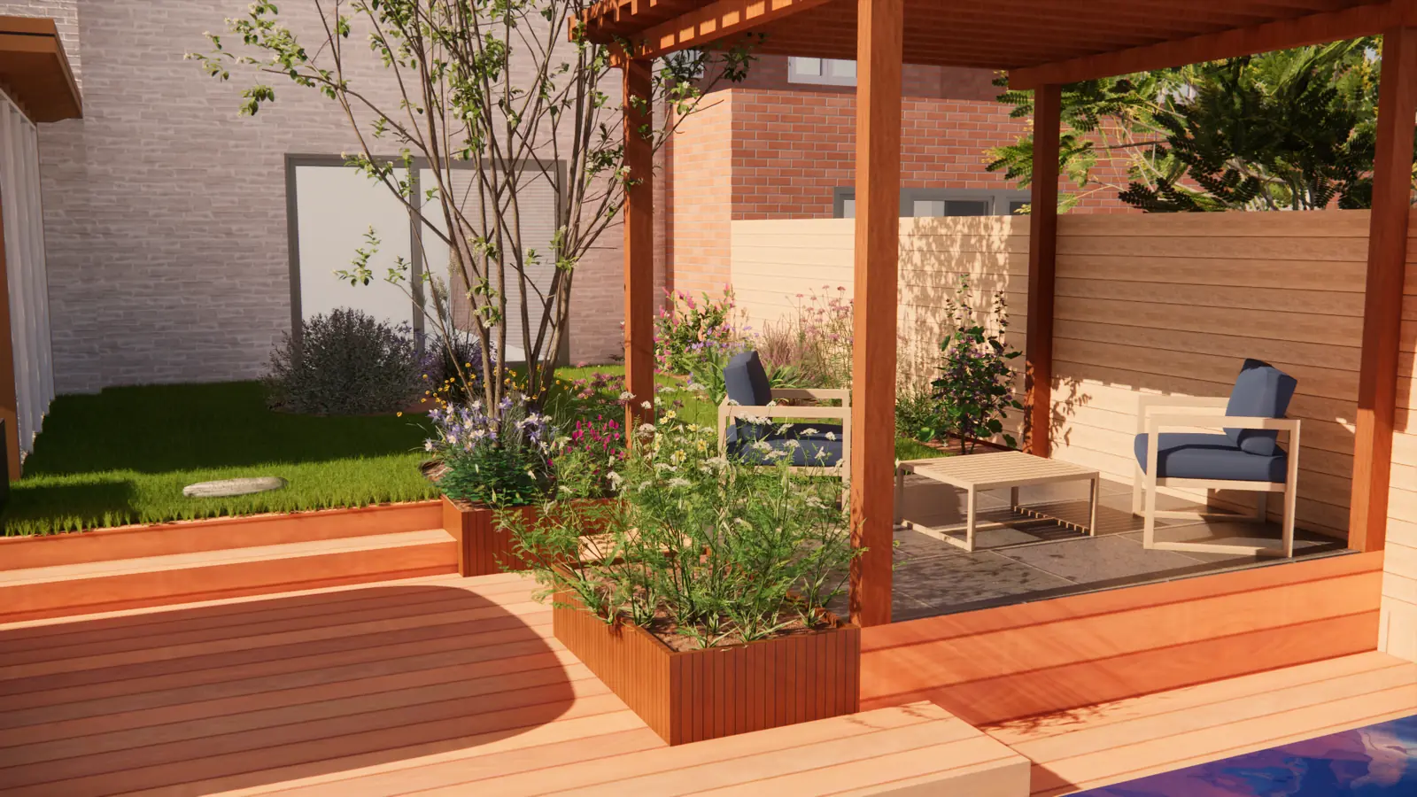 3D-ontwerp van een houten vlonder met treden en plantenbakken naar de pergola
