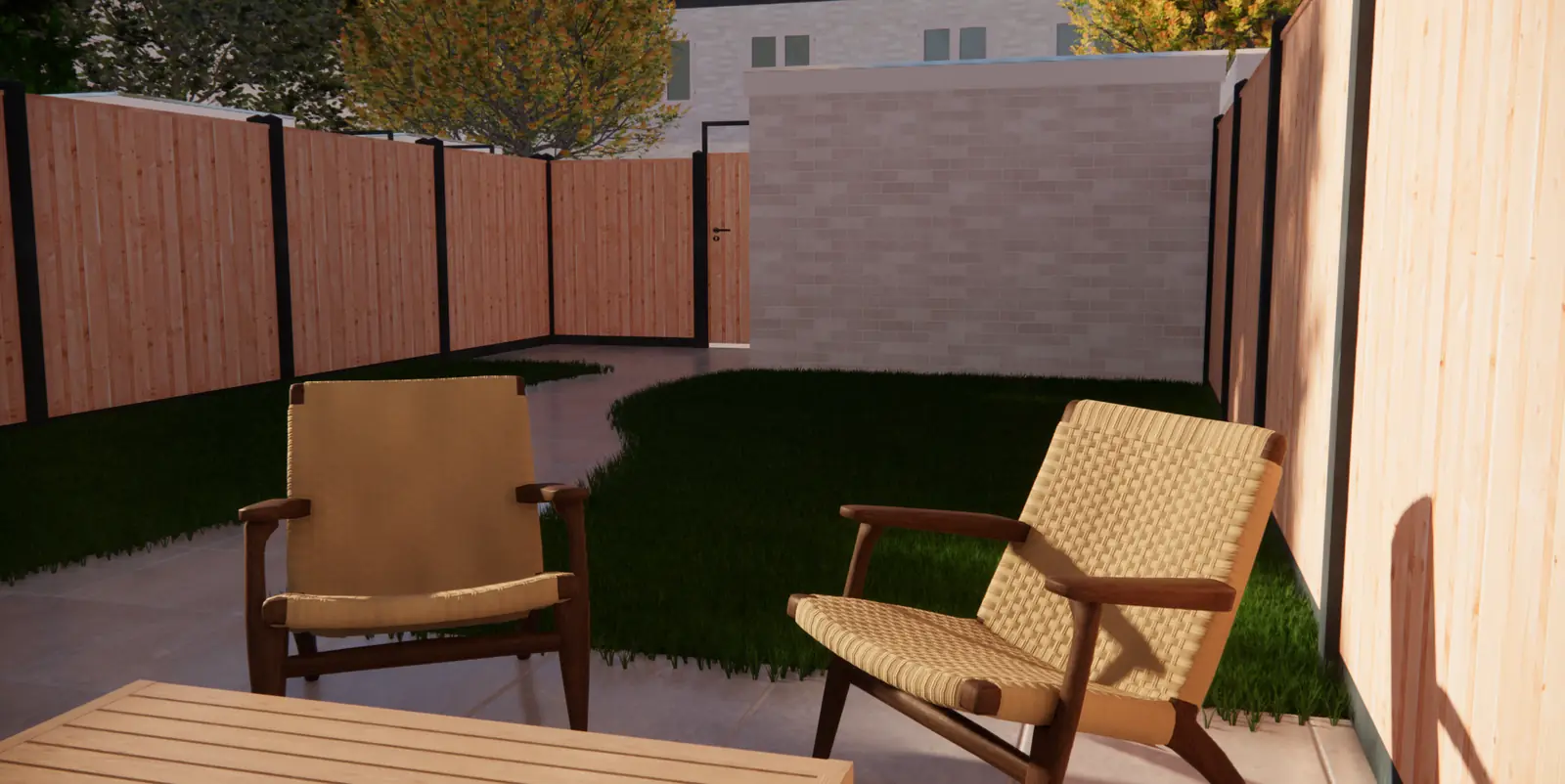 3D-ontwerp van twee loungestoelen aan de rand van het gazon