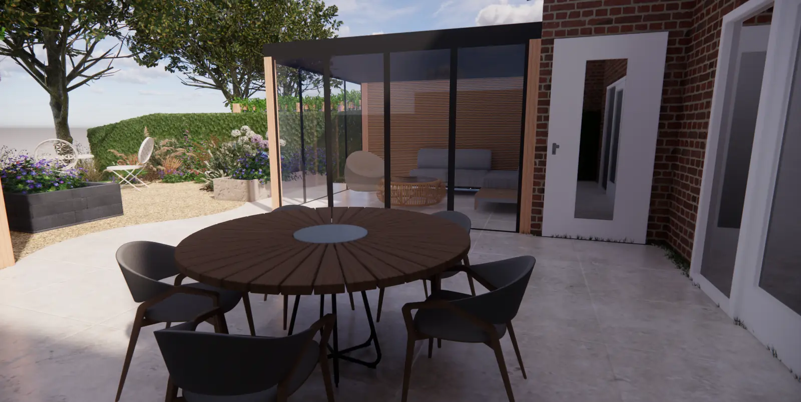 3D-ontwerp van een overkapping met glazen schuifwanden naast een ronde tafel