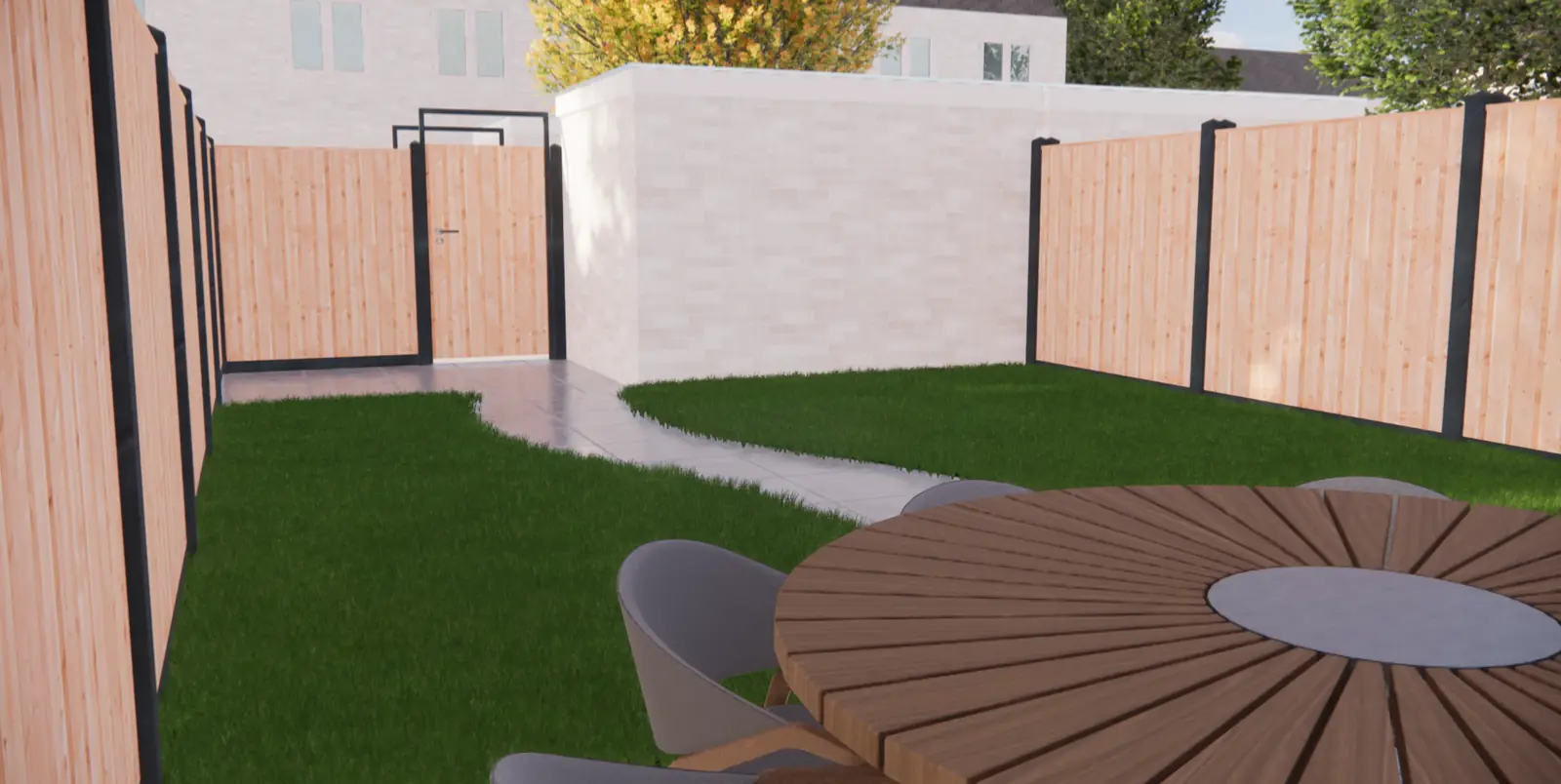 3D-ontwerp van het pad langs het gazon naar de poort en de gemetselde berging
