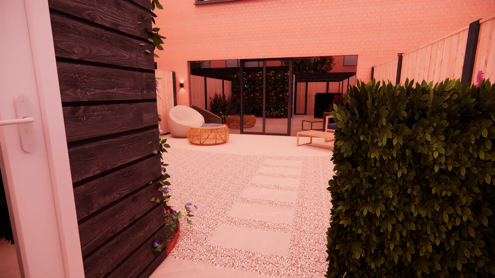 3D-ontwerp van het pad met staptegels vanaf de berging naar het terras