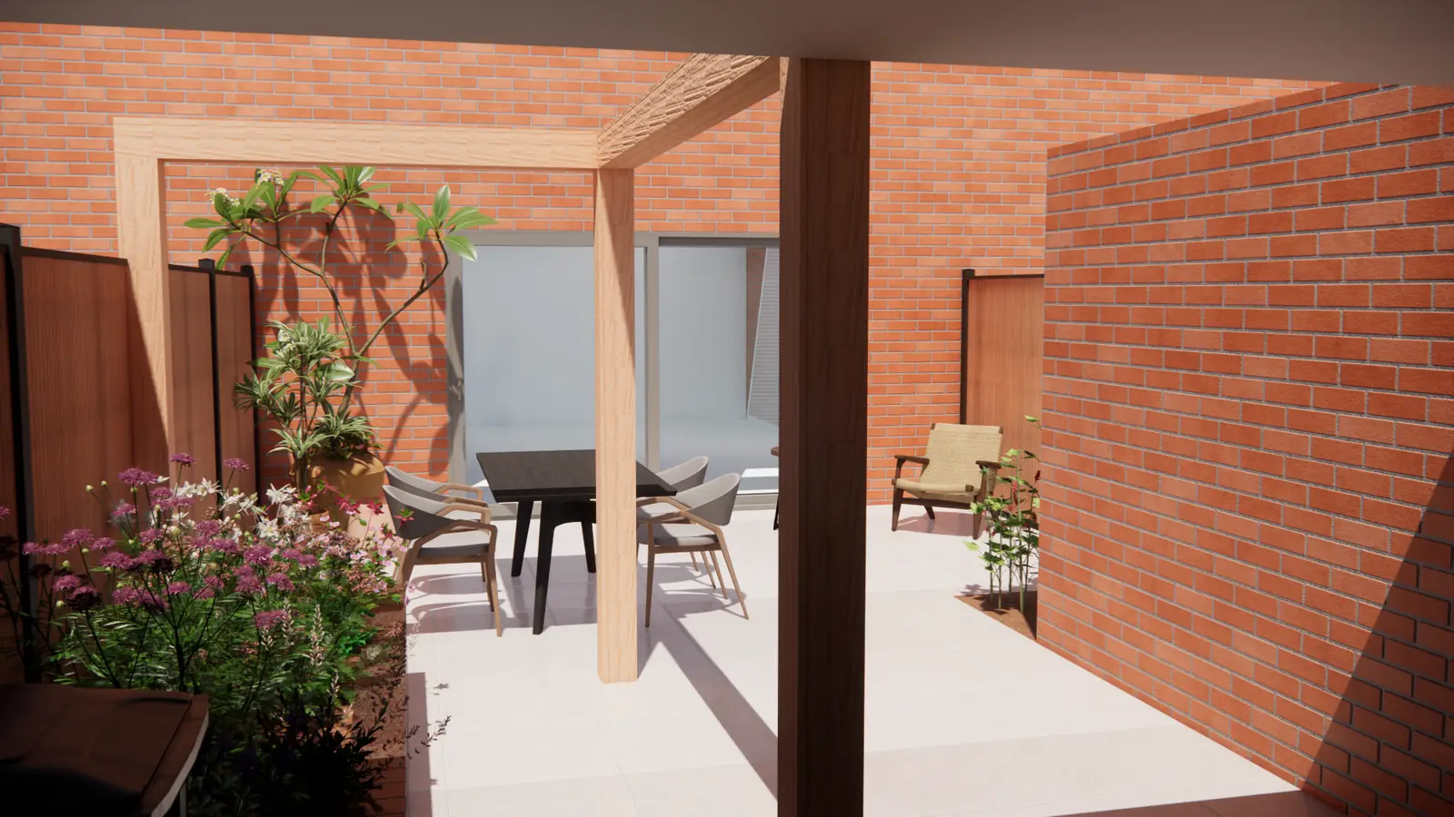 3D-ontwerp van de pergola gezien vanaf de berging, met de woning erachter