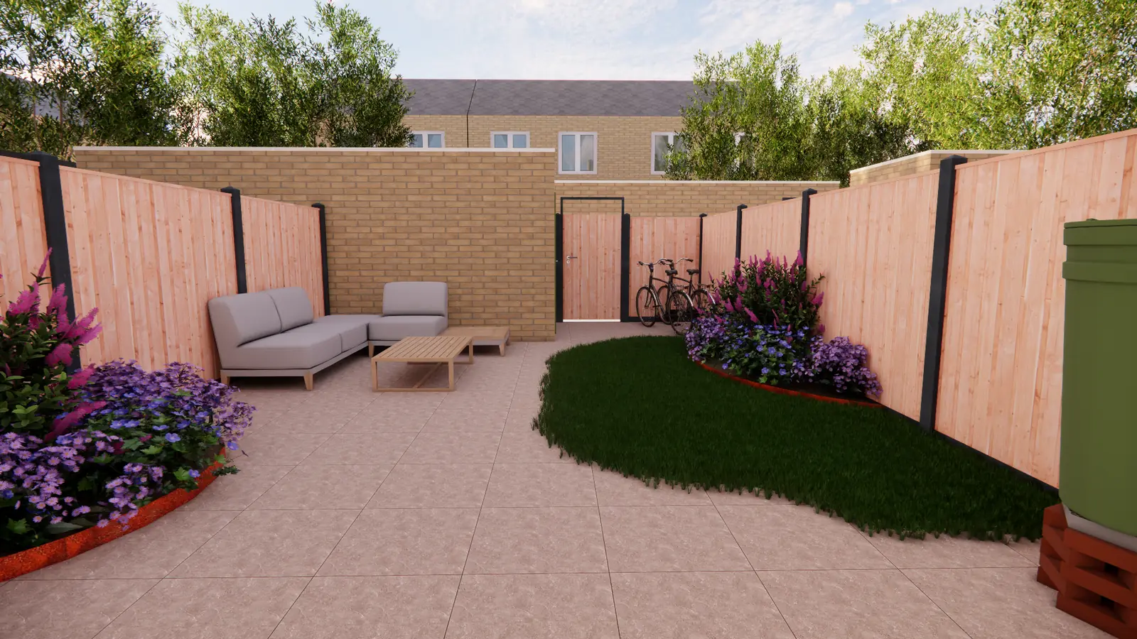 3D-ontwerp van een rijtjestuin in Pijnacker met loungehoek en gebogen gazon