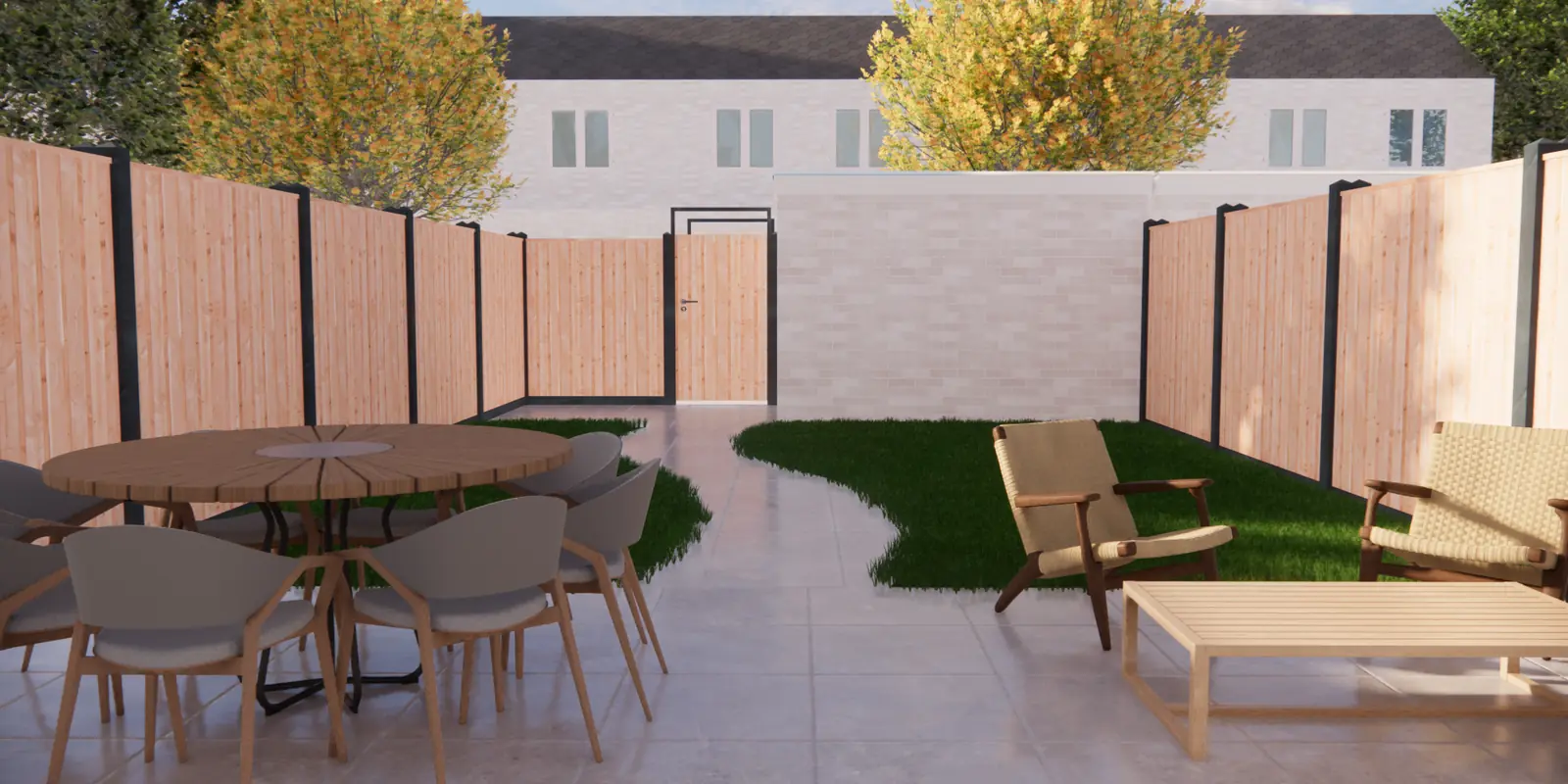 3D-ontwerp van een ronde tafel op het terras en een golvend gazon in Pijnacker