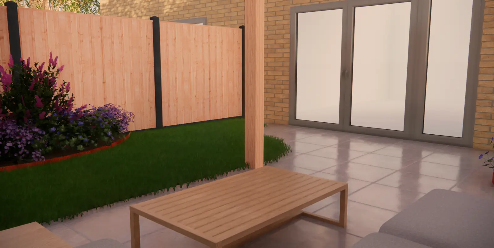 3D-ontwerp van het terras onder de douglas staanders, met een border erachter
