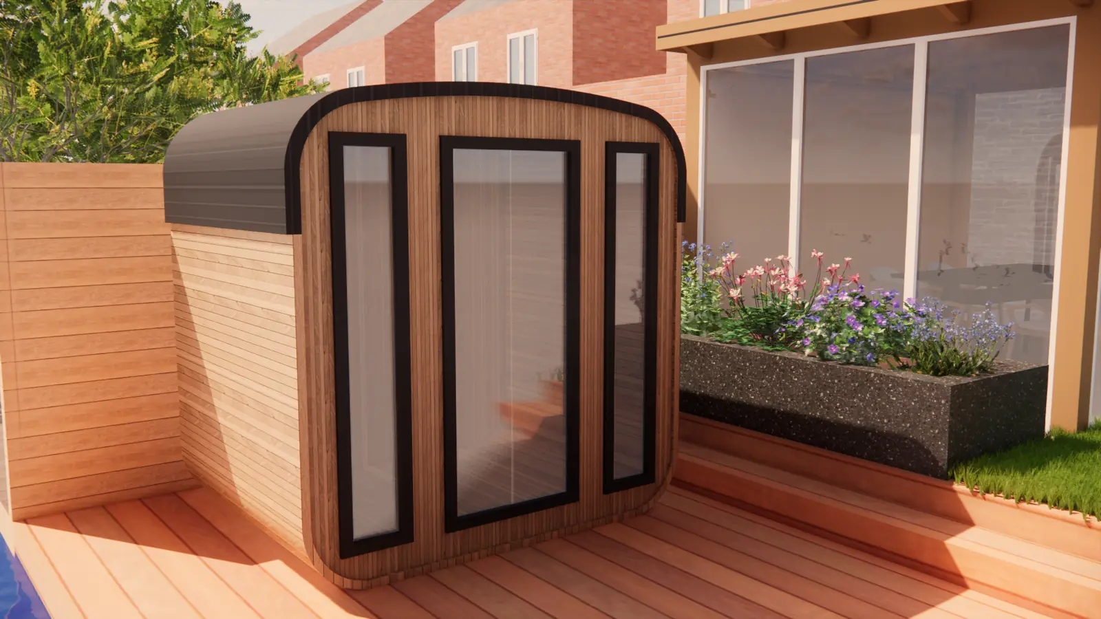 3D-ontwerp van een tuinhuisje met afgerond dak naast een plantenbak van terrazzo