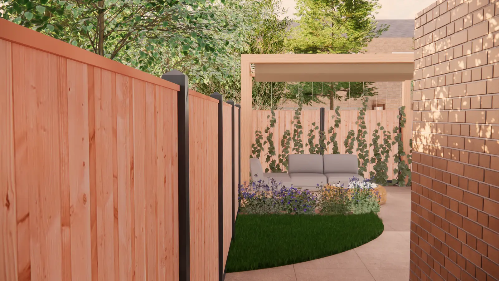 3D-ontwerp van het zicht langs de schutting naar de pergola en het gras