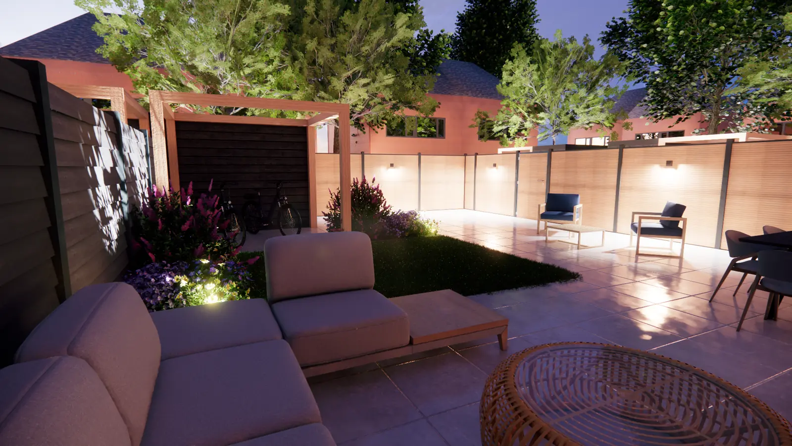 3D-ontwerp bij avond: wandlampen op de schutting en een pergola achterin