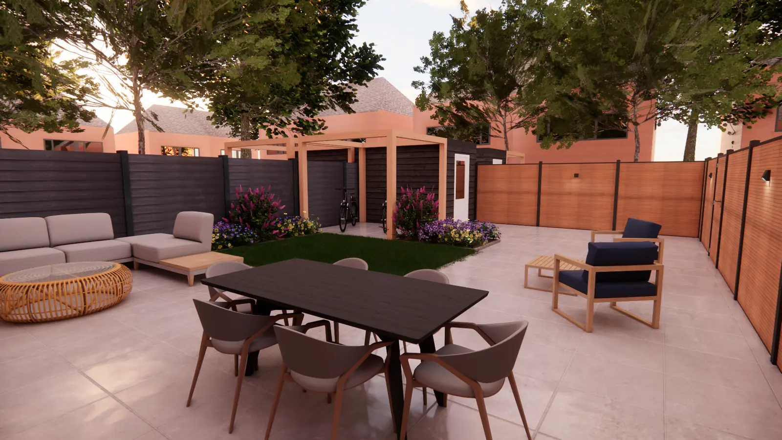 3D-ontwerp van de eettafel en de loungehoek op het terras