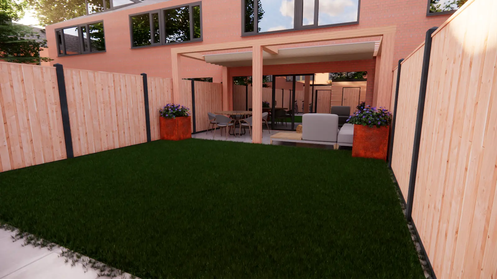 3D-ontwerp van het gras met cortenstalen bakken voor de pergola aan de woning