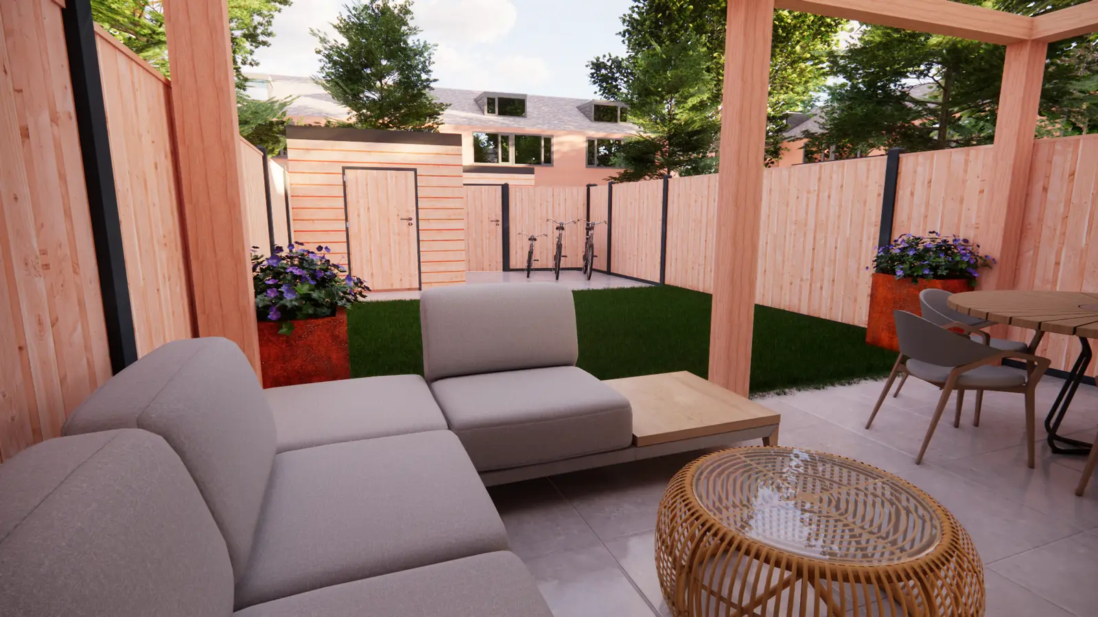 3D-ontwerp van de loungeset onder de pergola met een cortenstalen plantenbak